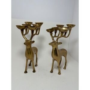 Vintage Solid Brass Reindeer Antler Candelabra Pair 6-Light Candle Holders Set